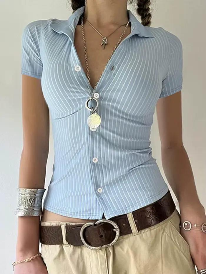 Chemise courte en popeline pour femmes, chemisier Vintage à manches longues boutonné, haut Chic avec