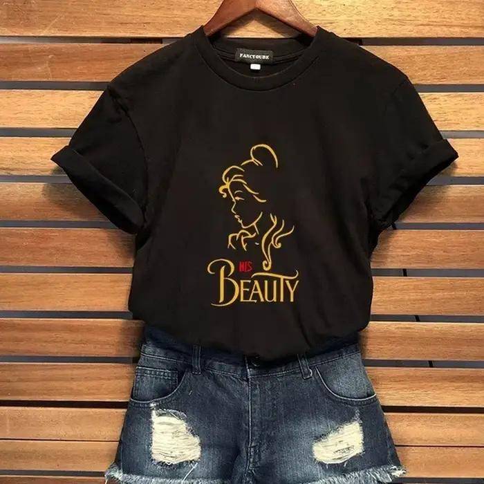 T-shirt col rond pour couple, estival et décontracté, à la mode, avec imprimé de la Belle et la Bête