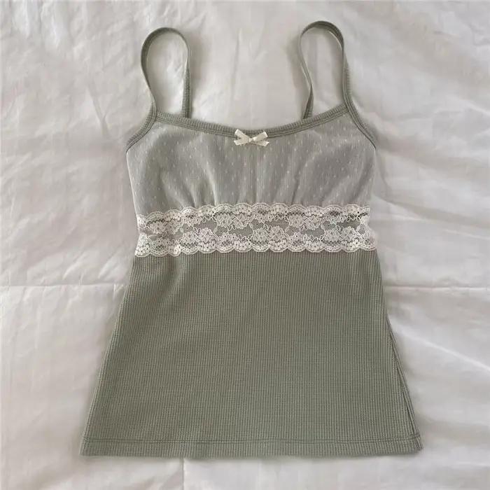 Débardeurs Crop Top Slim Fit Style Preppy Sweet Girl, Kawaii, avec Patchwork de Dentelle, pour l'Été