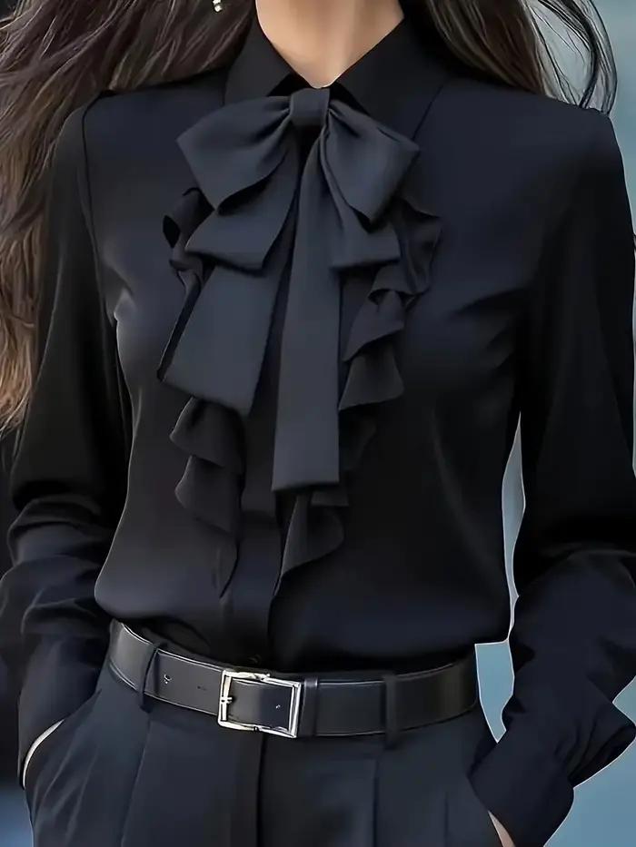 2025 femmes Blouse automne couleur unie à lacets nœud à volants conception chemises décontracté ampl