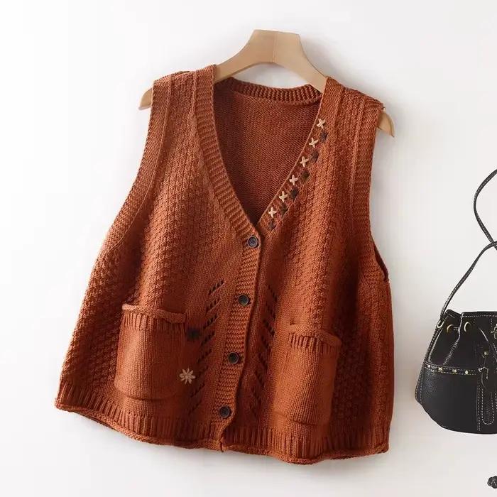 Gilet pull vintage pour femme, broderie évidée, tout match, mode élégante, nouveau style anglais, au