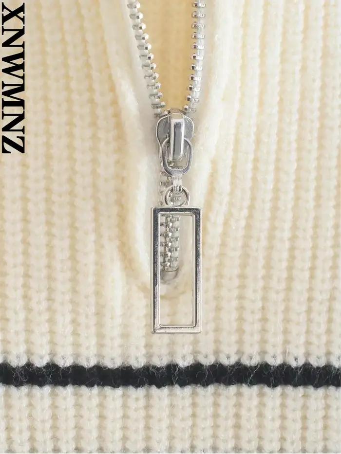XNWMNZ-Pull rayé à manches longues pour femme avec fermeture éclair, pull femme polyvalent et chic, 