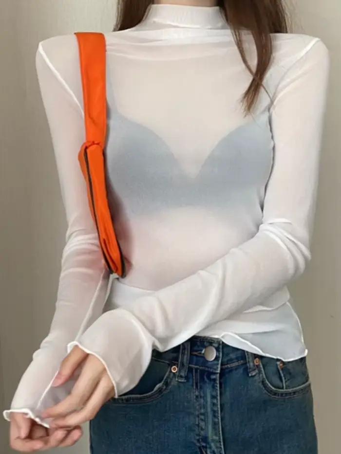 Printemps été femmes à manches longues Sexy noir haut en maille Blouses Transparent Punk Clubwear ch