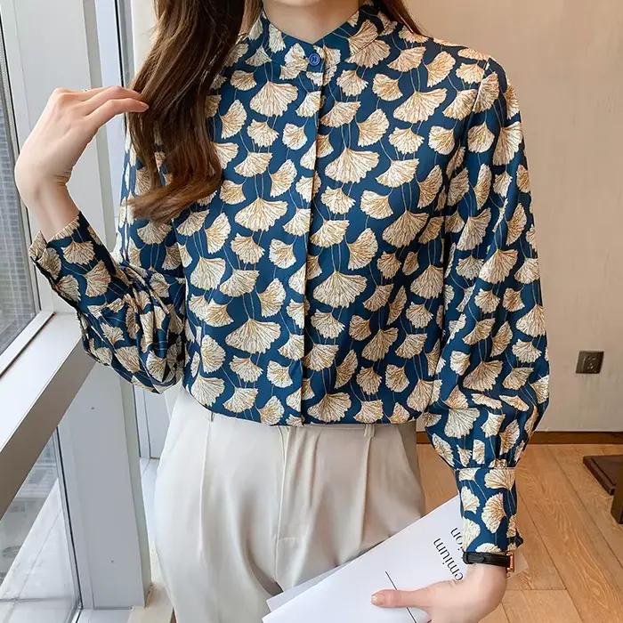 Style français femmes Blouses ginkgo imprimé dames chemises printemps automne à manches longues dess