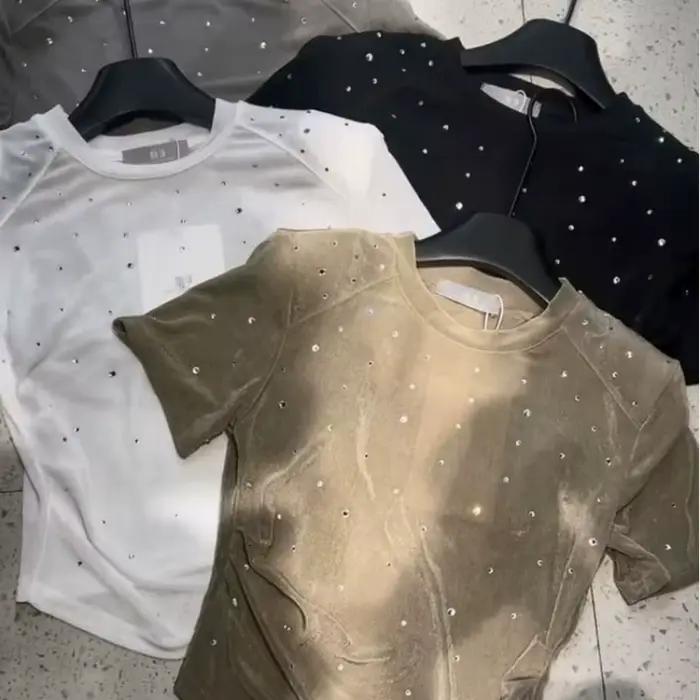 2025 Ropa Mujer t-shirts pour femmes blanc paillettes diamant culture hauts col rond tunique à manch
