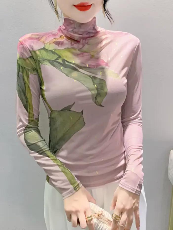 S-4XL Automne Mode Bronzant T-shirt Femmes Situé Impression De Grandes Fleurs Slim Économie Femme Ha