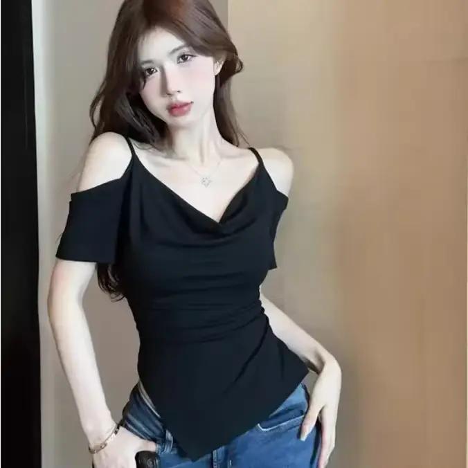 T-shirt à manches courtes pour femmes, noir, amincissant, asymétrique, Style Simple, Design d'été, S