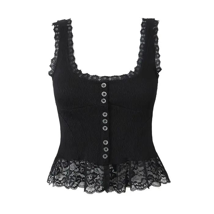 Le Luz-Haut court en coton pour femme, chic français, court, précieux, noir, blanc, dentelle, été, s