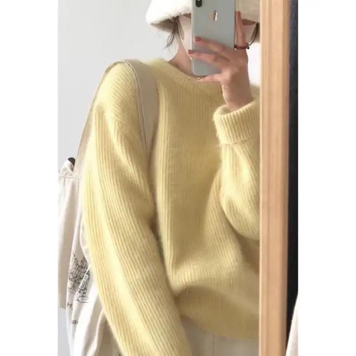 Pull jaune 100% laine pour femmes, pull ample, épais, doux et polyvalent, tricoté, couche de base