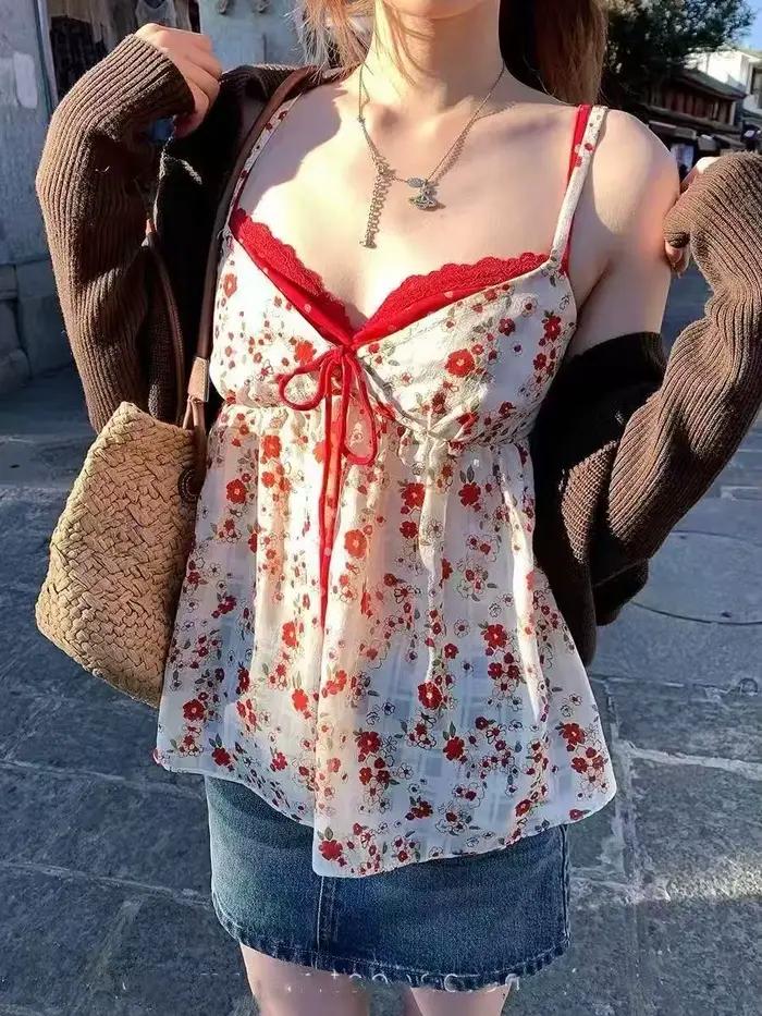 Nouveau Top Cami en Dentelle Faux Deux Pièces à Motifs Floraux Français pour Femme, Coupe Ajustée, S