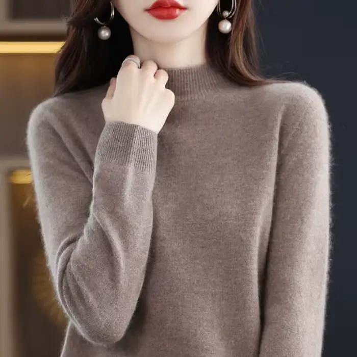 Pull en cachemire 100% laine mérinos pour femme, pull à manches longues et col semi-haut, nouveau pu