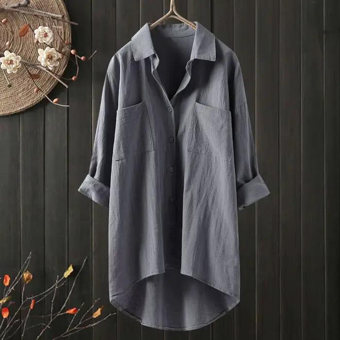 Chemisier femme 2026 décontracté, nouvelle collection, couleur unie, coton et lin, col rabattu, coup