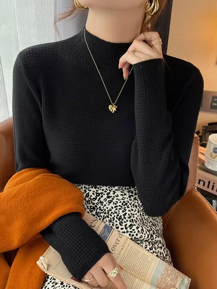 Pull Vintage à Col Roulé pour Femme, Vêtement à Motif Gaufré, Solide, Décontracté, Slim, Automne Hiv