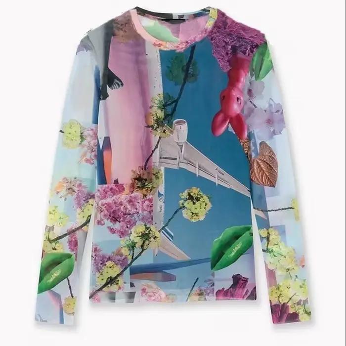 Pull tricoté élastique à manches longues et col rond pour femme, imprimé floral multicolore, exporta