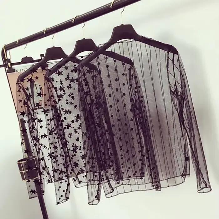 T-Shirts transparents en maille pour femmes, chemisiers à manches longues, t-shirt populaire tout as