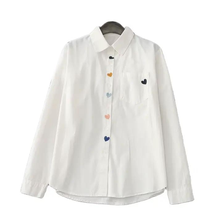 Chemises blanches brodées de coeur pour femmes, col rabattu, chemisier décontracté, manches longues,