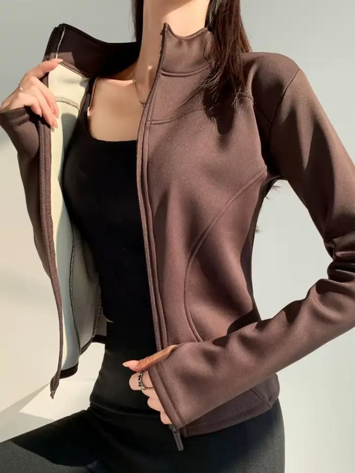 Veste slim fit à manches longues pour femme, manteau polaire chaud et épais avec fermeture éclair co
