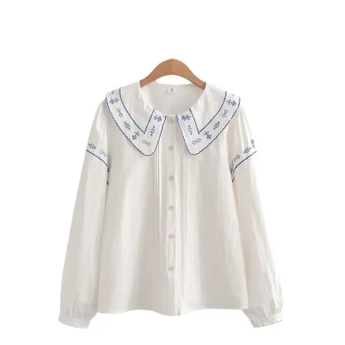 Chemises brodées de fleurs en coton pour femmes, hauts à col à revers, manches longues, chemisiers a