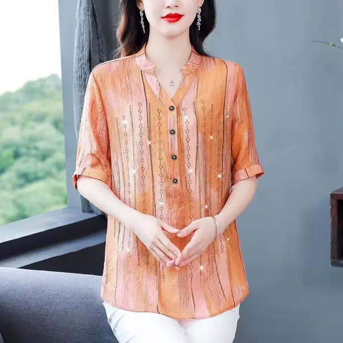 Haut en mousseline de soie imprimé pour femme, T-shirt mince, col en V, orange, grand anciers imprim