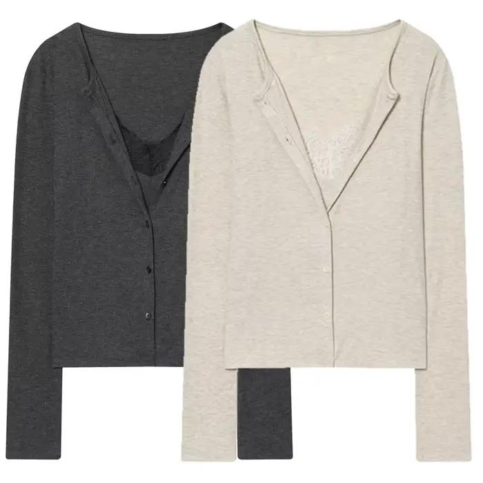 HXAO court tricot Cardigan pour femmes automne printemps Chic dentelle à manches longues tricots gri