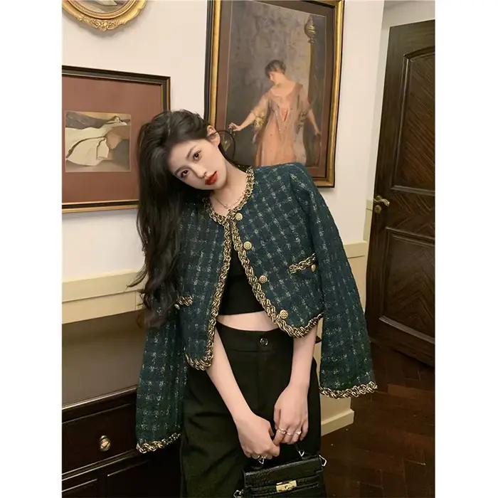 MEXZT Vintage recadrée Tweed veste femmes élégant Blazer coréen simple boutonnage manteaux courts au