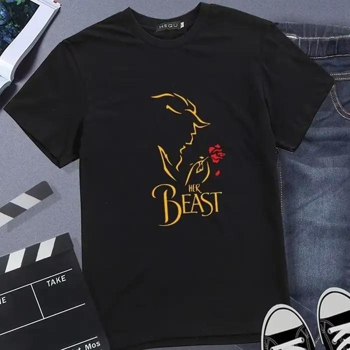 T-shirt col rond pour couple, estival et décontracté, à la mode, avec imprimé de la Belle et la Bête