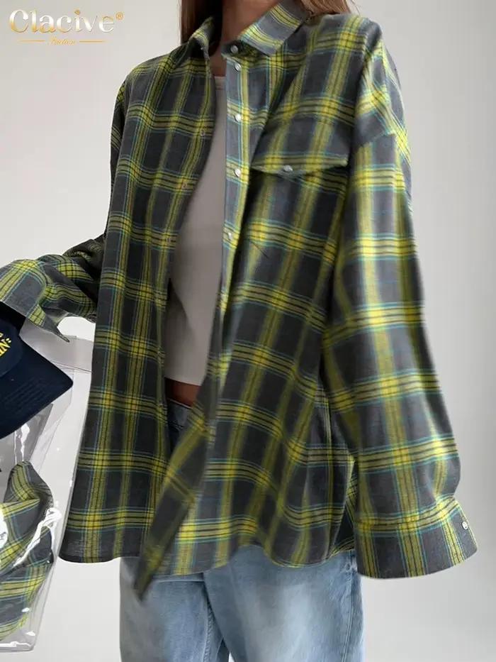 ClacMarkets-Chemise à carreaux vintage pour femmes, chemise à manches longues à revers, chemisiers d