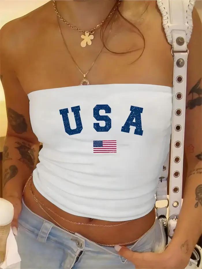 Haut tubulaire blanc avec lettres américaines, style fille chaude, assorti avec tout, simple et non 