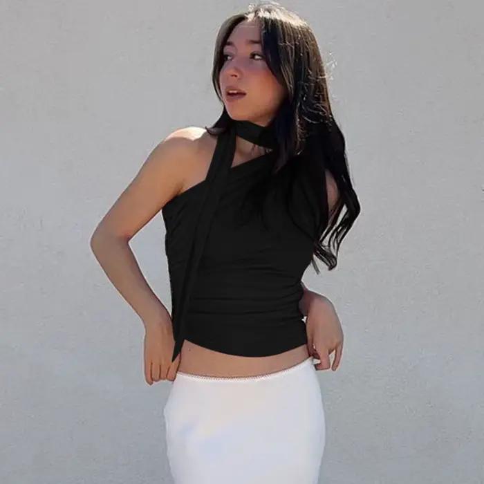 Halter dos nu sexy pour femmes, haut court en fibre vintage, vêtements de club féminins Y2K, vêtemen