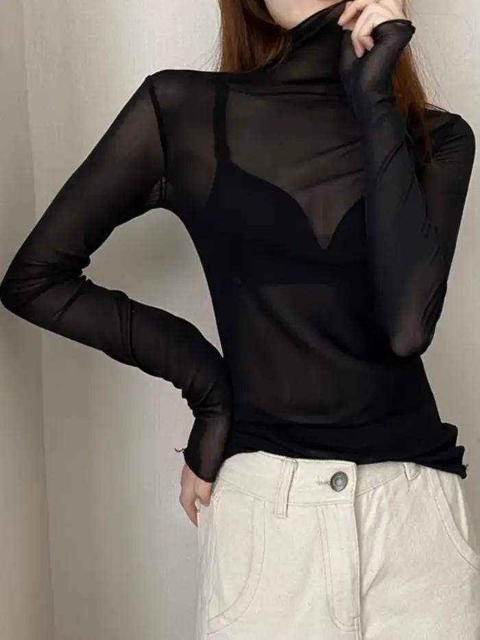 Printemps été femmes à manches longues Sexy noir haut en maille Blouses Transparent Punk Clubwear ch