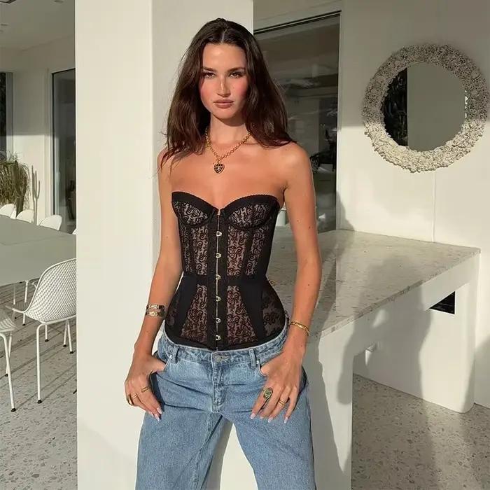 Chemisiers Sexy en dentelle sans bretelles pour femmes, tenue de fête d'été, épaules dénudées, coupe