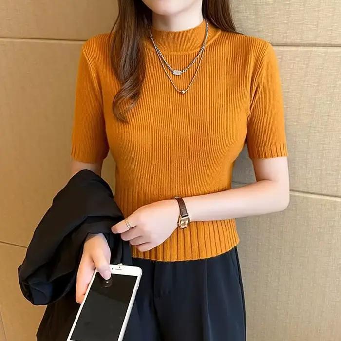 Pull en cachemire peigné à col mi-haut pour femme, manches mi-longues, pull court, printemps, été, n