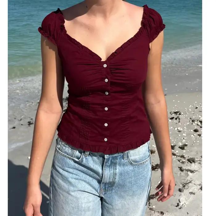 Fée Grunge Crop Tops pour Femmes y2k Vintage Cap Manches Chemises Babydoll Boutonné Volants Ourlet E