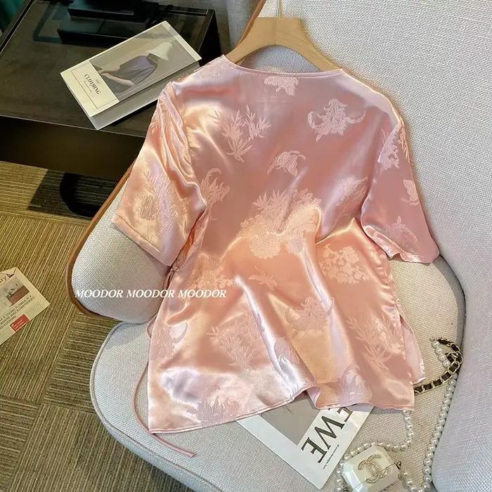 Nouveau Style chinois petit haut Jacquard Satin T-Shirt rose brillant col rond chemisier ample été m