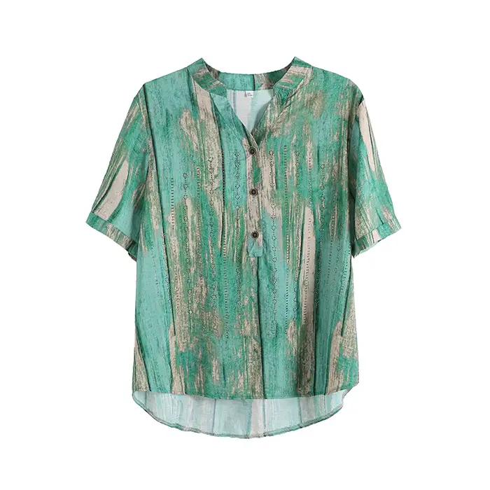 ZUO MAN RU-T-shirt manches courtes col V femme, slim, vert, taille adt, imprimé diamant, été 2023