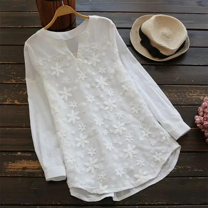Chemisier en coton et lin brodé pour femmes, décontracté, mode, ample, blanc, chemise élégante, gran