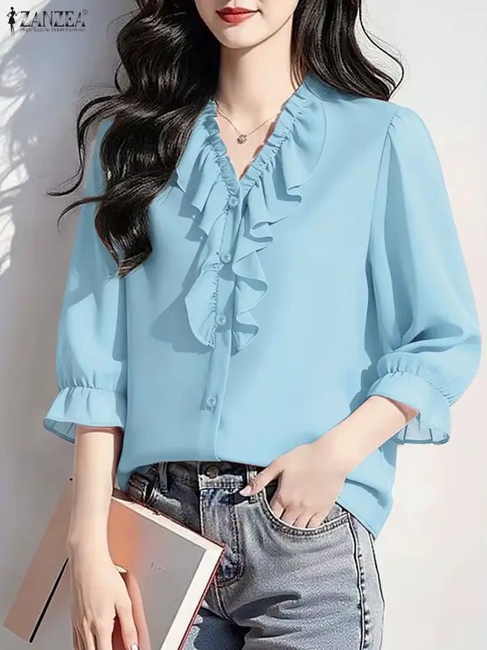 Mode 2026 ZANZEA femmes Chemise bureau à volants Blouse printemps élégant col en V 3/4 manches Blusa