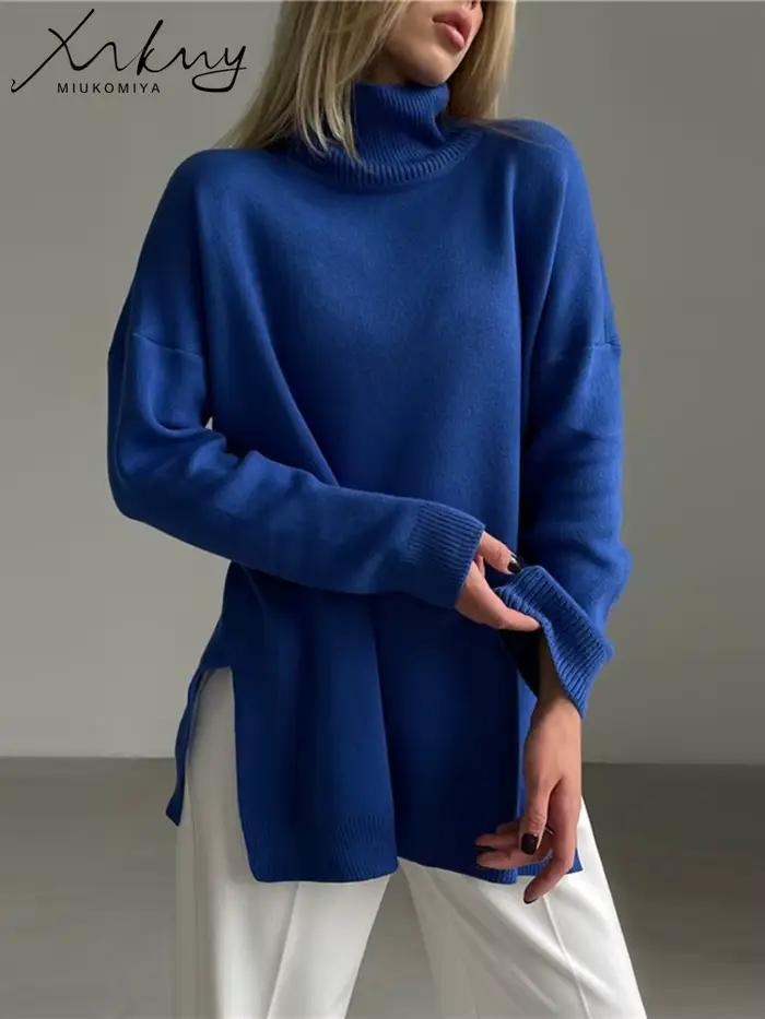 Automne hiver femmes chandails col roulé femmes Pulovers côté fendu tricoté pulls Pull de noël surdi