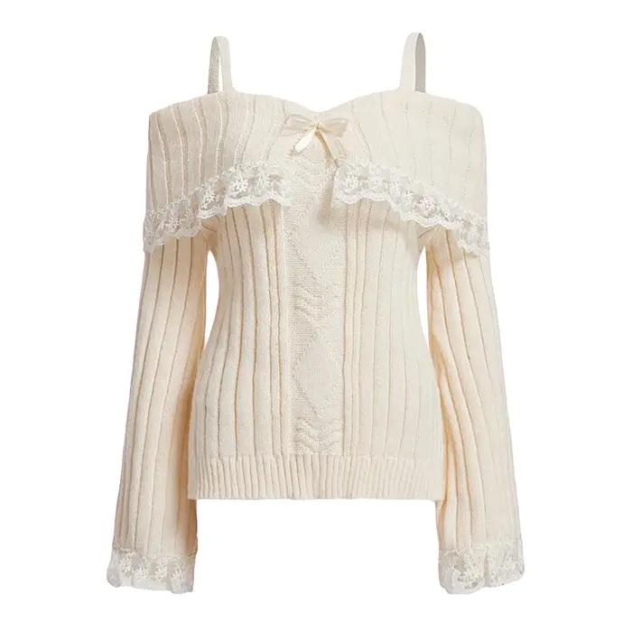 Pulls à épaules dénudées pour femmes, manches longues, garniture en dentelle, tricot, nœud sur le de