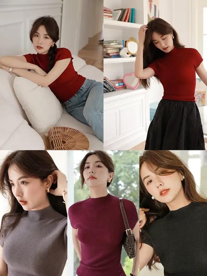 T-shirt plissé à manches courtes pour femmes, col haut, fouet de luxe léger, rouge, mince, été, haut