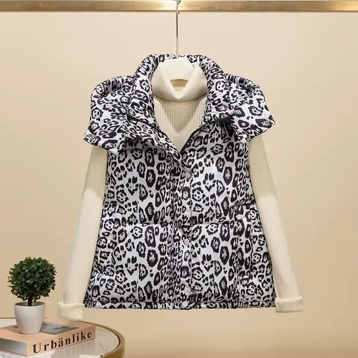 Gilet en coton imprimé léopard pour femmes, veste sans manches à capuche, mode américaine, manteau c