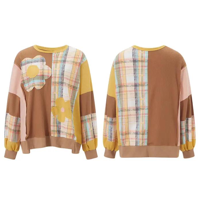 Puloru-Pulls à col rond à manches longues pour femmes, patch floral, imprimé à carreaux PVD, décontr