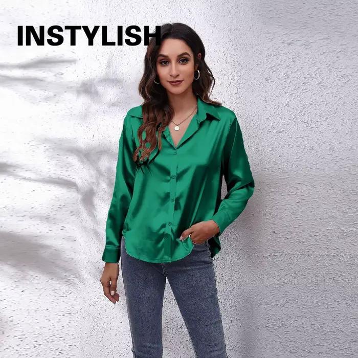 Chemise en satin élégante pour femmes, chemisier décontracté à manches longues en fausse soie, haut 