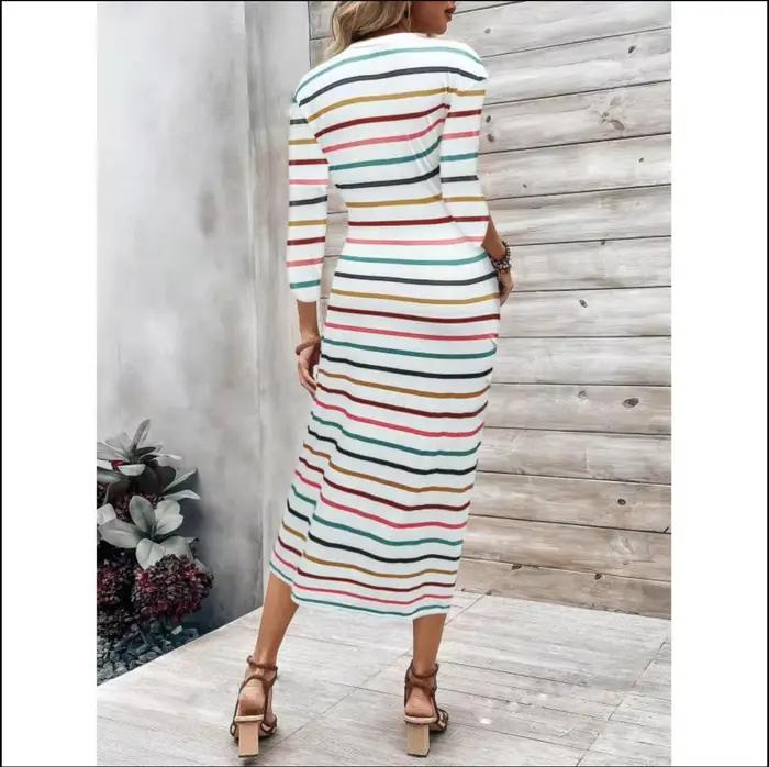 Nouvelle Robe Tunique Femme Américaine et Européenne 2026 - Imprimé Rayé Col Rond à Lacets Coupe Amp