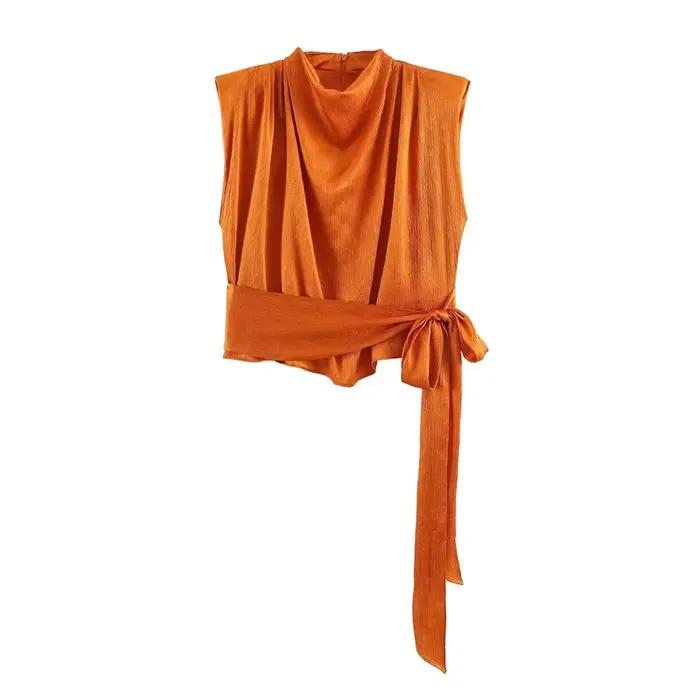 Haut pour femme Nouvelle Collection Printemps 2026 Orange Sans Manches Texture Satinée Longue Tresse