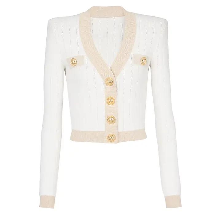 SML-Cardigan à Manches sulfet Col en V pour Femme, Vêtement à la Mode, Deux Couleurs, Haute Qualité,