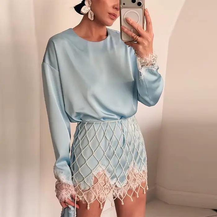 Blouse élégante et modeste en satin et dentelle, style rétro, pour femme, collection printemps, roma
