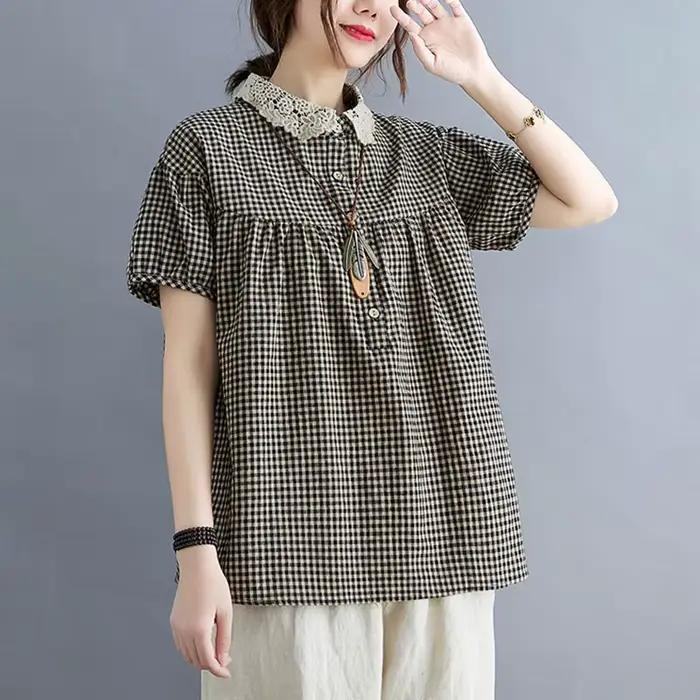 Chemises décontractées en coton et lin pour femmes, style vintage, col claudine, imprimé à carreaux,