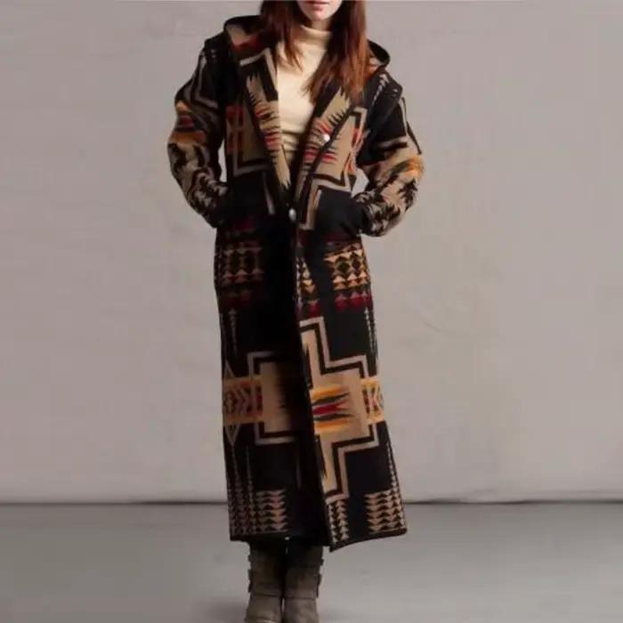 Femmes Mode Ethnique Style Boho Imprimé À Capuche Long Manteau adt Outwear Match Couleurs Plus La Ta