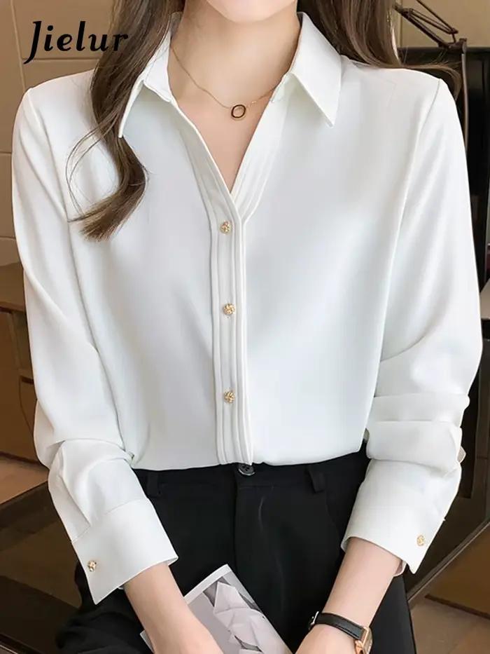 Jielur-Chemise Slim à Manches sulfen Mousseline de Soie pour Femme, Haut Décontracté, Couleur Unie, 
